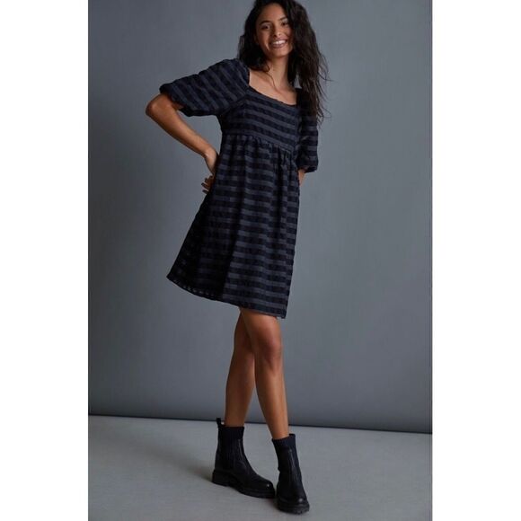 NEW Anthropologie Marla Flounce Puff-Sleeve Square Neck Black Mini Dress X-Small - Picture 4 of 4